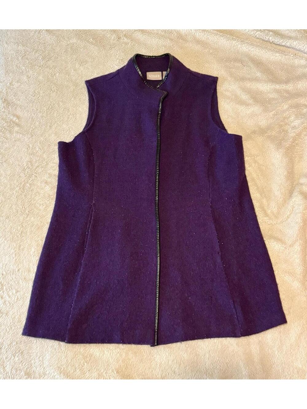 Chicos Purple Wool Faux Black Leather Trim ‎ Vest Size 2 (Large) Some Pilling